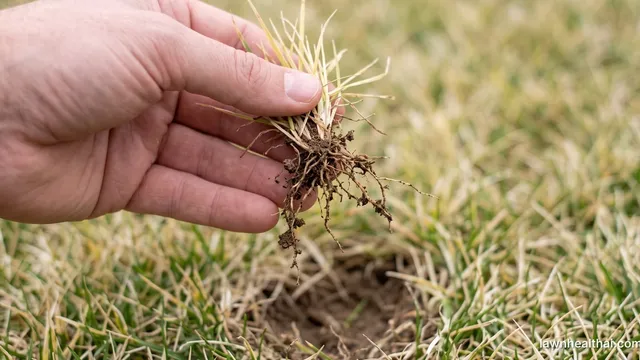 A hand holding a tuft of straw-coloured grass pulled free of the lawn, its exposed roots short, sparse and brown rather than white and fibrous, with the hollow it came from below