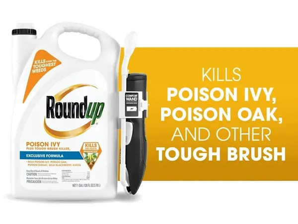 Roundup Poison Ivy Plus Tough Brush Killer Concentrate, 32 oz — fotografía de producto del herbicida para matorral e hiedra venenosa sobre fondo liso