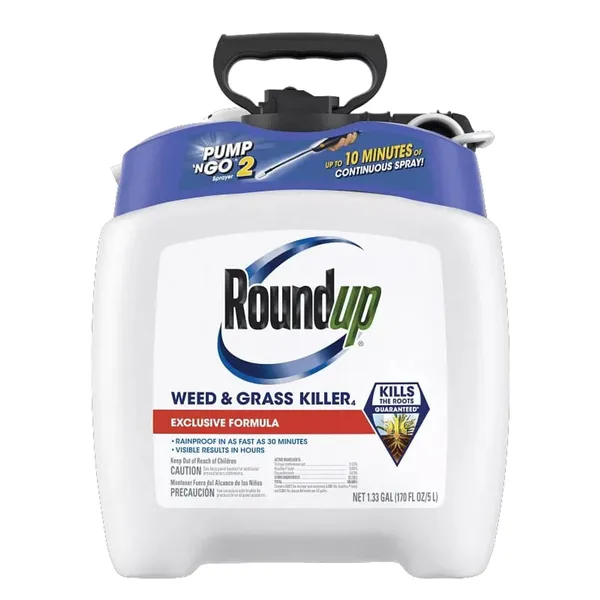 Roundup Weed & Grass Killer₄ with Pump 'N Go 2 Sprayer (1.33 gal) — non-selective ready-to-use herbicide product photograph on a plain background