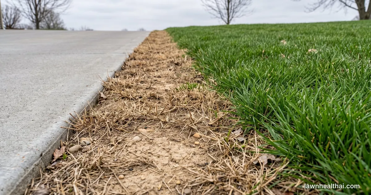 A strip of lawn along a concrete pavement edge killed back to bare sandy soil and brittle tan stubble, meeting healthy green turf along a sharp line about three feet in, under overcast early spring light
