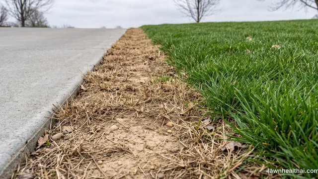 A strip of lawn along a concrete pavement edge killed back to bare sandy soil and brittle tan stubble, meeting healthy green turf along a sharp line about three feet in, under overcast early spring light