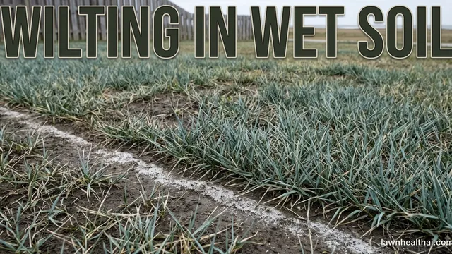 Stiff blue-green grass blades standing in visibly wet dark soil with white salt crust drying in lines across the bare ground between them, a weathered fence and open water behind, with the words “Wilting in Wet Soil” set across the top