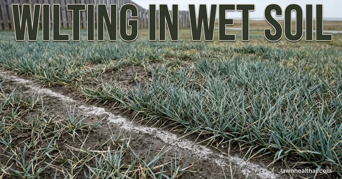 Stiff blue-green grass blades standing in visibly wet dark soil with white salt crust drying in lines across the bare ground between them, a weathered fence and open water behind, with the words “Wilting in Wet Soil” set across the top