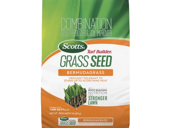 Scotts Turf Builder Grass Seed — Bermudagrass — fotografía de producto de la semilla de césped sobre fondo liso