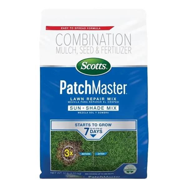Scotts PatchMaster Lawn Repair Mix, Sun + Shade — seed, mulch and fertilizer repair mix product photograph on a plain background