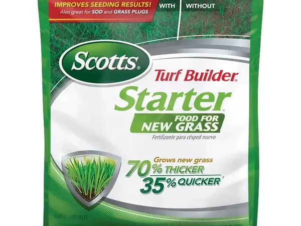 Scotts Turf Builder Starter Fertilizer for New Grass, 15 lb — fotografía de producto del fertilizante de arranque 24-25-4 sobre fondo liso