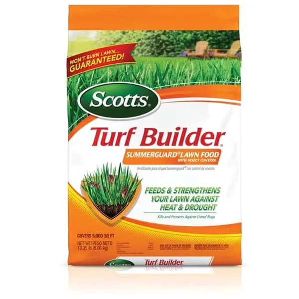 Scotts Turf Builder SummerGuard Lawn Food with Insect Control — fertilizer + insecticide product photograph on a plain background