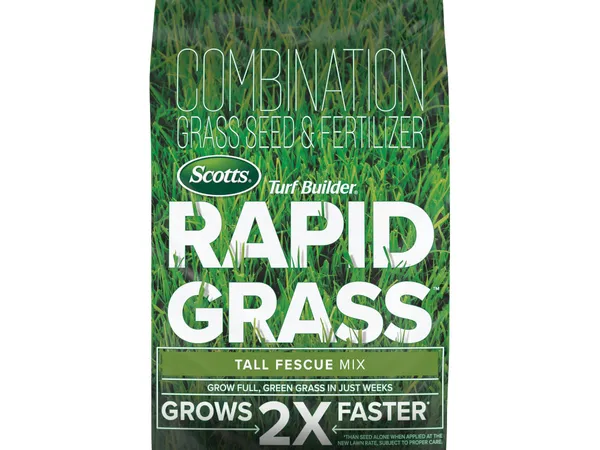 Scotts Turf Builder Rapid Grass Tall Fescue Mix — fotografía de producto de la combinación de semilla y fertilizante sobre fondo liso