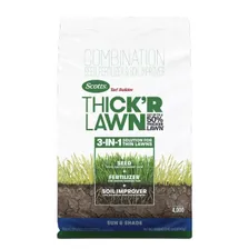 Scotts Turf Builder Thick'R Lawn, Sun & Shade — seed, fertilizer and soil improver combination product photograph on a plain background