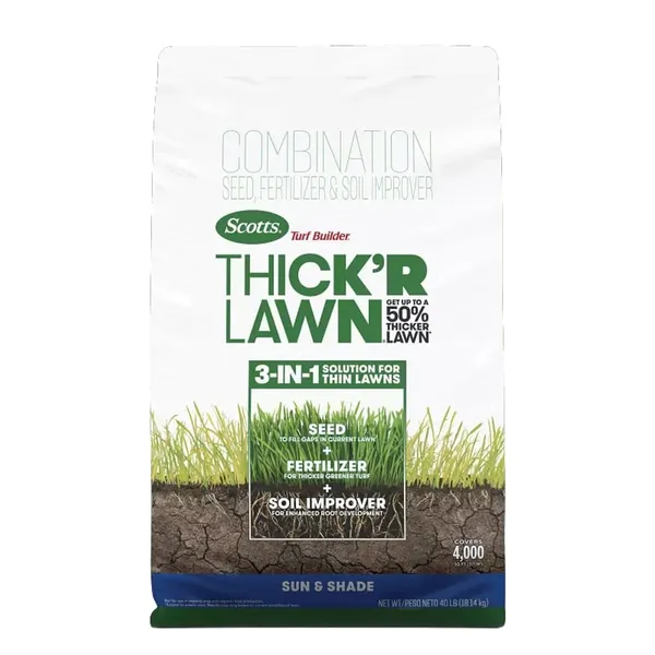 Scotts Turf Builder Thick'R Lawn, Sun & Shade — seed, fertilizer and soil improver combination product photograph on a plain background