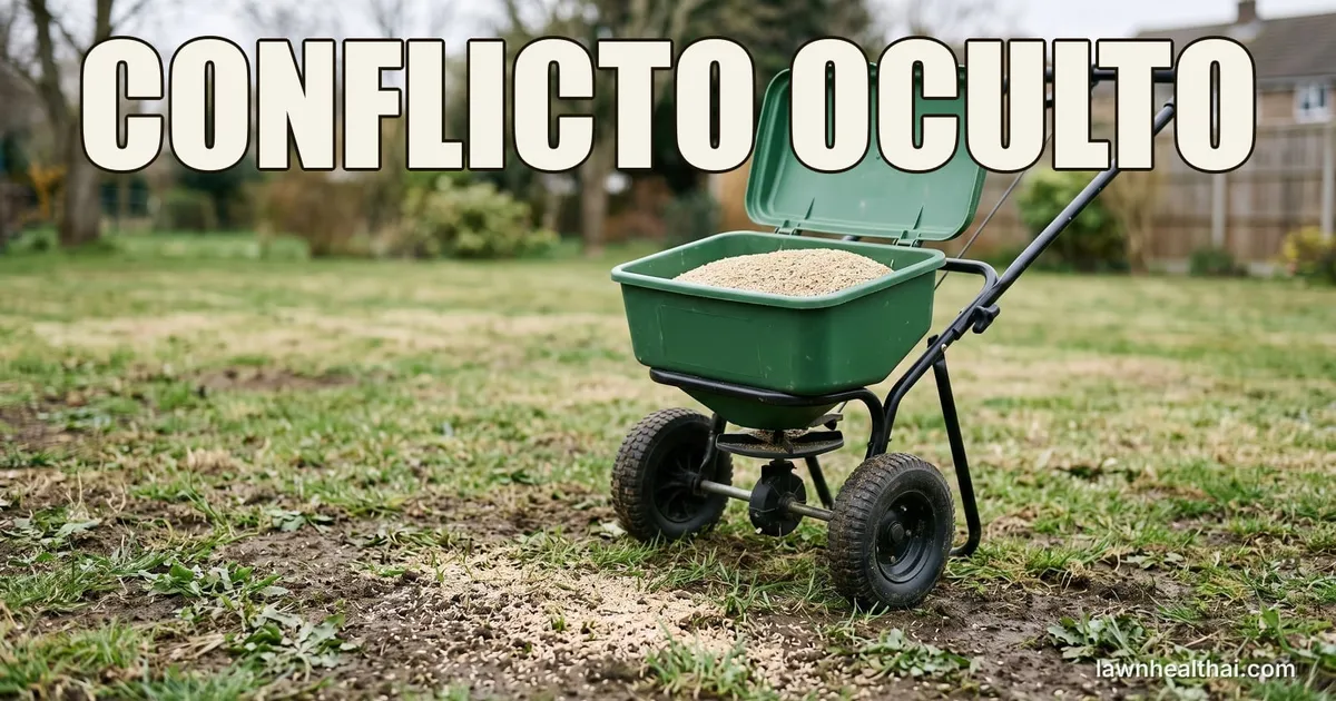Un esparcidor centrífugo de pie sobre un césped ralo e irregular con la tolva abierta y semilla de césped clara visible dentro, con suelo desnudo asomando entre la hierba en primer plano, con las palabras “CONFLICTO OCULTO” dispuestas en la parte superior del encuadre