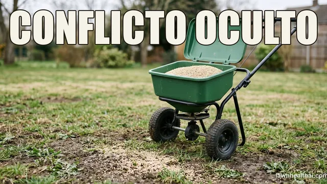 Un esparcidor centrífugo de pie sobre un césped ralo e irregular con la tolva abierta y semilla de césped clara visible dentro, con suelo desnudo asomando entre la hierba en primer plano, con las palabras “CONFLICTO OCULTO” dispuestas en la parte superior del encuadre