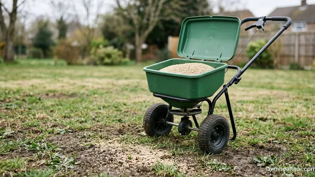 A broadcast spreader standing on a thin patchy lawn with its hopper open and pale grass seed visible inside, bare soil showing between the grass in the foreground