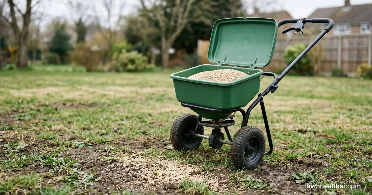 A broadcast spreader standing on a thin patchy lawn with its hopper open and pale grass seed visible inside, bare soil showing between the grass in the foreground