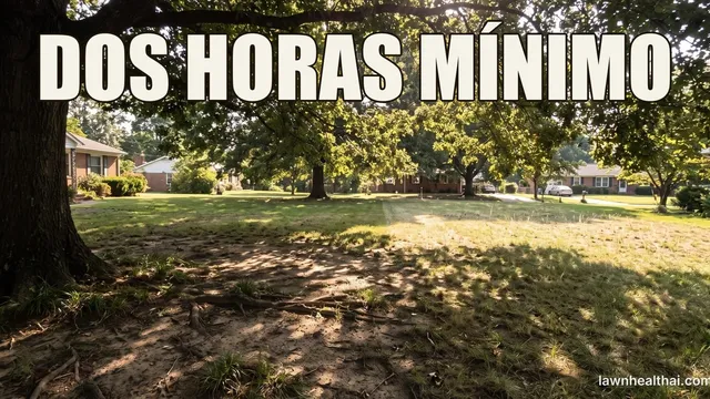 Un césped bajo la copa de un árbol maduro donde la luz moteada cae sobre hierba rala de hoja fina a un lado y suelo desnudo y sombreado al otro, con la línea de sombra del árbol claramente visible, con las palabras “DOS HORAS MÍNIMO” dispuestas en la parte superior del encuadre