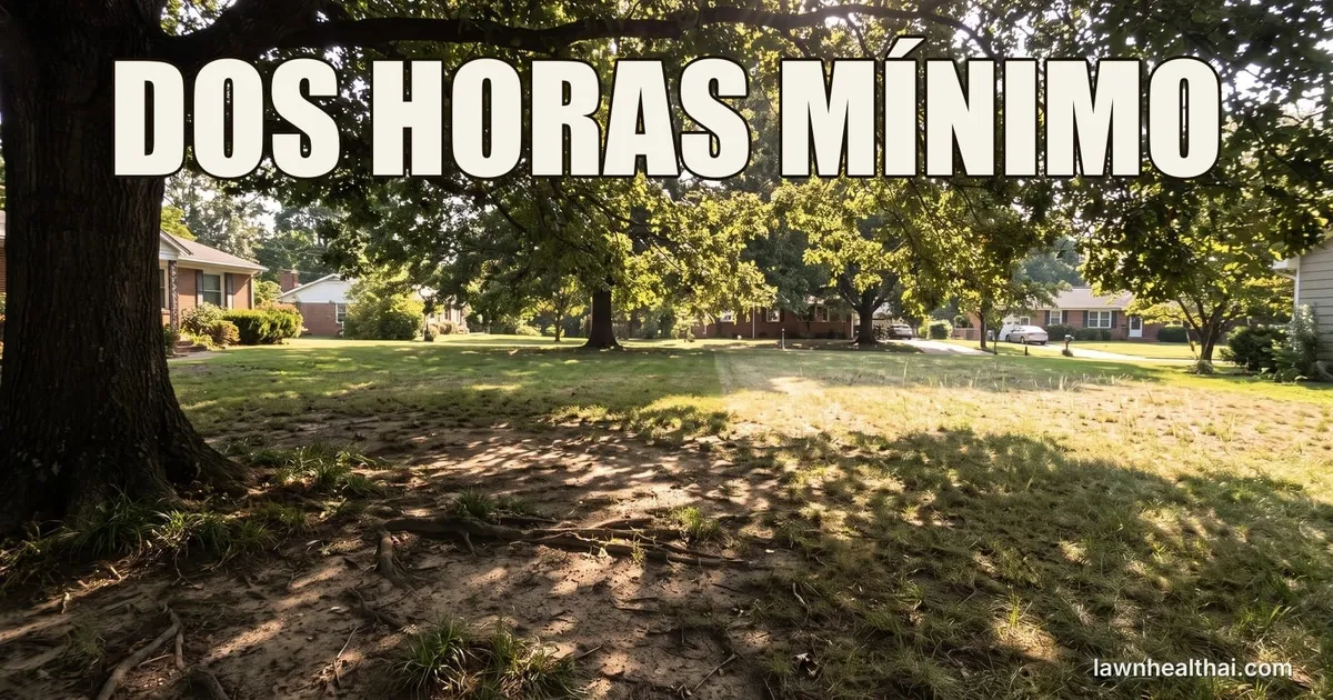 Un césped bajo la copa de un árbol maduro donde la luz moteada cae sobre hierba rala de hoja fina a un lado y suelo desnudo y sombreado al otro, con la línea de sombra del árbol claramente visible, con las palabras “DOS HORAS MÍNIMO” dispuestas en la parte superior del encuadre