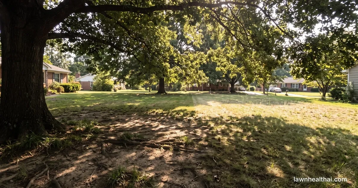 A lawn under mature tree canopy where dappled light falls on thin fine-bladed grass on one side and bare shaded soil on the other, with the tree's shadow line clearly visible