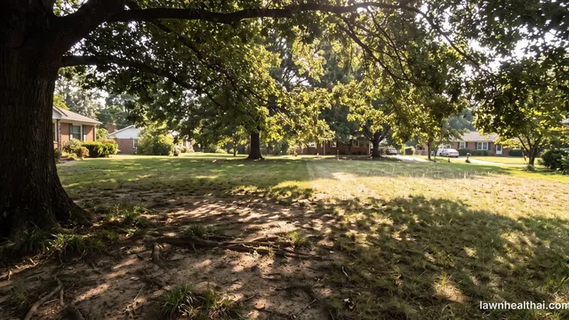 A lawn under mature tree canopy where dappled light falls on thin fine-bladed grass on one side and bare shaded soil on the other, with the tree's shadow line clearly visible