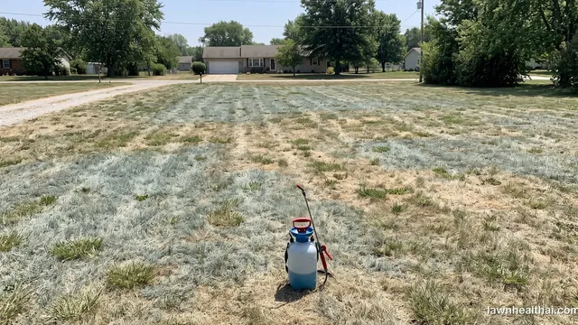 A pump sprayer standing on a sun-bleached lawn in midday heat, the grass showing pale drought-stressed patches and a thermometer in the foreground