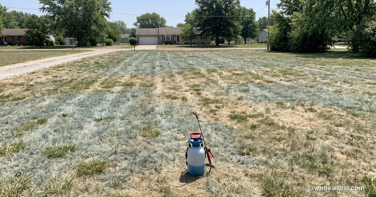 A pump sprayer standing on a sun-bleached lawn in midday heat, the grass showing pale drought-stressed patches and a thermometer in the foreground