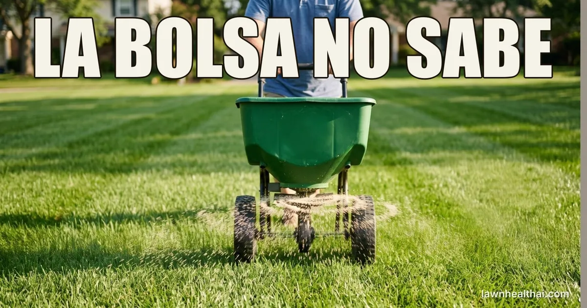 Gránulos de fertilizante espaciados de forma pareja en pasadas solapadas sobre un césped verde, con gránulos sueltos y desiguales fuera de la franja tratada, con las palabras “LA BOLSA NO SABE” dispuestas en la parte superior del encuadre