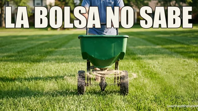 Gránulos de fertilizante espaciados de forma pareja en pasadas solapadas sobre un césped verde, con gránulos sueltos y desiguales fuera de la franja tratada, con las palabras “LA BOLSA NO SABE” dispuestas en la parte superior del encuadre