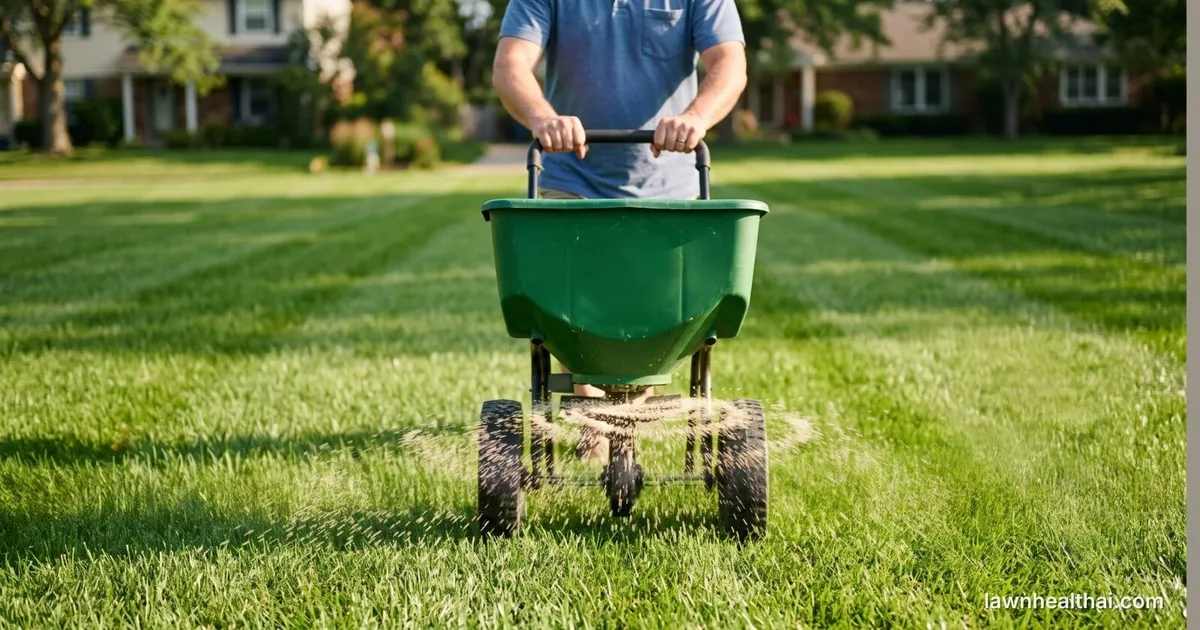 Evenly spaced fertilizer granules in overlapping lanes across a green lawn, with scattered uneven granules outside the treated strip