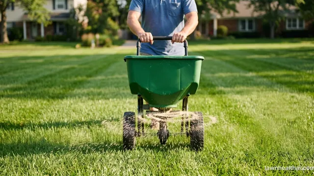 Evenly spaced fertilizer granules in overlapping lanes across a green lawn, with scattered uneven granules outside the treated strip