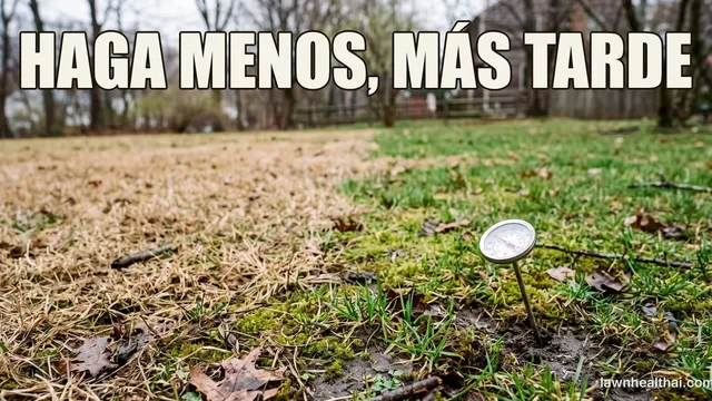 Un césped a principios de primavera, mitad todavía dormido color paja y mitad reverdeciendo, con un termómetro de suelo hundido en la tierra en primer plano, y las palabras “HAGA MENOS, MÁS TARDE” dispuestas en la parte superior del encuadre