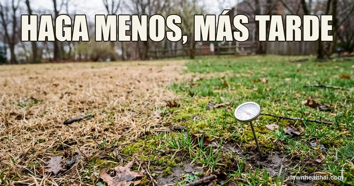Un césped a principios de primavera, mitad todavía dormido color paja y mitad reverdeciendo, con un termómetro de suelo hundido en la tierra en primer plano, y las palabras “HAGA MENOS, MÁS TARDE” dispuestas en la parte superior del encuadre
