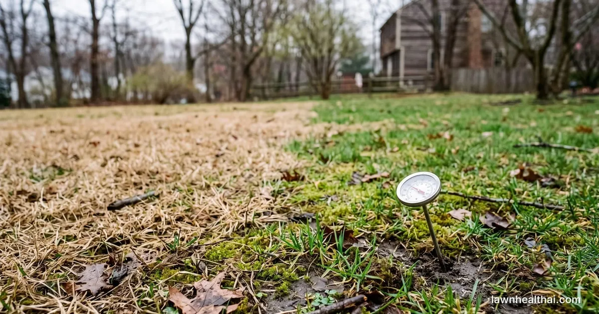 A lawn in early spring, half still dormant straw-brown and half greening up, with a soil thermometer pushed into the ground in the foreground