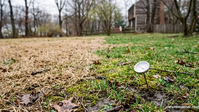 A lawn in early spring, half still dormant straw-brown and half greening up, with a soil thermometer pushed into the ground in the foreground