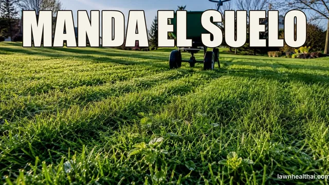 Césped sano de primavera con las primeras malezas de hoja ancha asomando por el borde, con las palabras “MANDA EL SUELO” dispuestas en la parte superior del encuadre