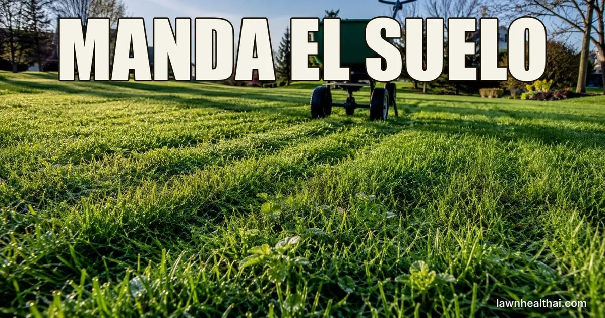 Césped sano de primavera con las primeras malezas de hoja ancha asomando por el borde, con las palabras “MANDA EL SUELO” dispuestas en la parte superior del encuadre