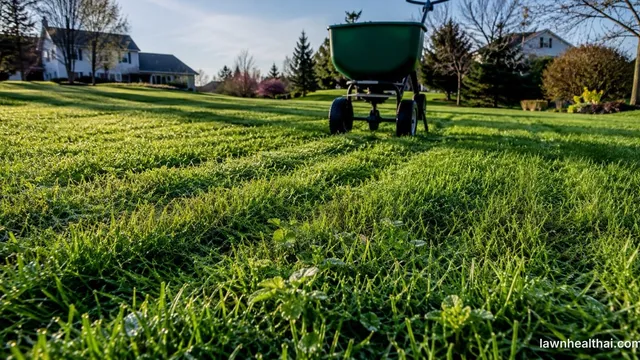 Healthy spring lawn with early broadleaf weeds emerging along the edge