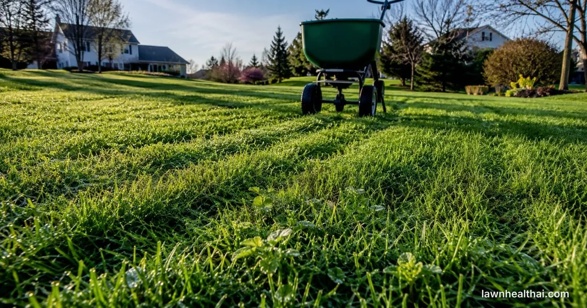 Healthy spring lawn with early broadleaf weeds emerging along the edge — Delaware