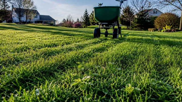 Healthy spring lawn with early broadleaf weeds emerging along the edge