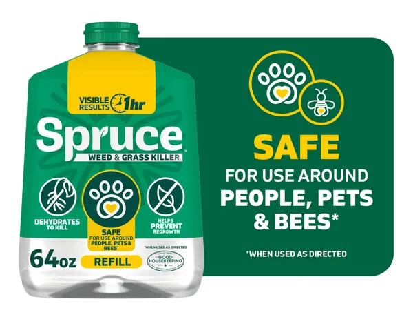 Spruce Weed & Grass Killer₃ Refill, sin mezcla (64 oz) — fotografía de producto del quemante no selectivo a base de aceites esenciales sobre fondo liso
