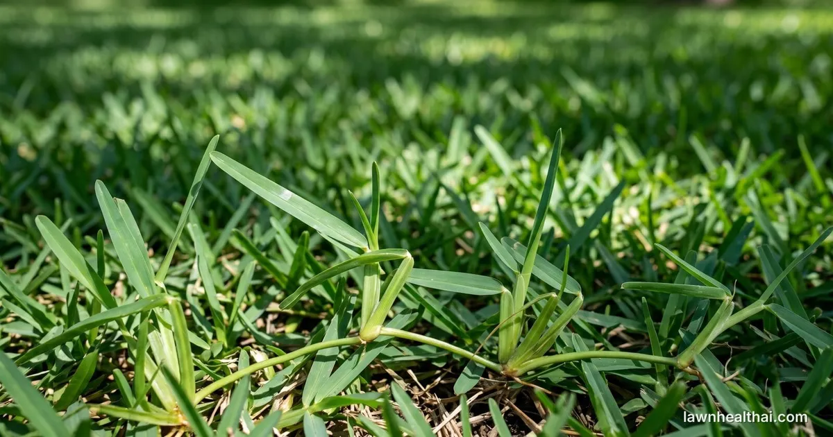 A lush St. Augustine lawn showing its characteristic broad, coarse blue-green blades in dappled light — Delaware