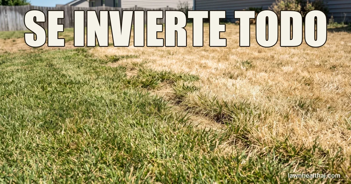 Un césped doméstico a pleno verano bajo un sol duro y brillante, la mitad cercana todavía verde y la lejana desvaída a color paja donde el pasto ha entrado en dormancia, con una valla y una casa al fondo, y las palabras “SE INVIERTE TODO” dispuestas en la parte superior del encuadre