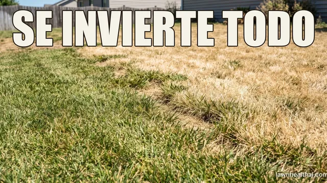 Un césped doméstico a pleno verano bajo un sol duro y brillante, la mitad cercana todavía verde y la lejana desvaída a color paja donde el pasto ha entrado en dormancia, con una valla y una casa al fondo, y las palabras “SE INVIERTE TODO” dispuestas en la parte superior del encuadre