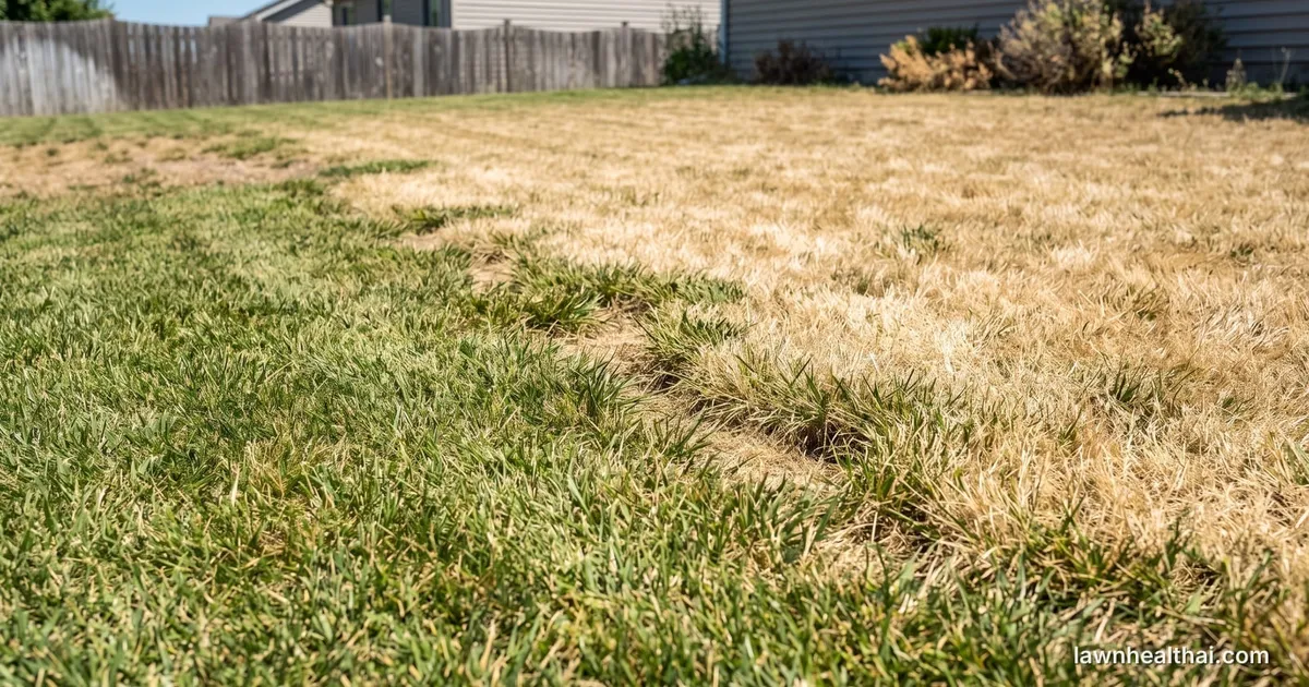 A home lawn in midsummer under hard bright sunlight, the near half still green and the far half faded to straw colour where the grass has gone dormant, a fence and house behind