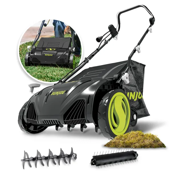 Sun Joe AJ805E 15 in Electric Dethatcher with Scarifier Reel — corded electric dethatcher / scarifier product photograph on a plain background