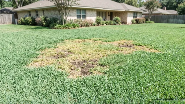 A large irregular patch in a Southern warm-season lawn where the turf has thinned to yellowed and straw-brown grass with bare soil showing through, ringed by dense healthy green turf, a single-story brick ranch house behind