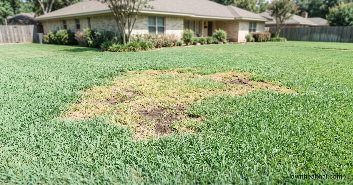 A large irregular patch in a Southern warm-season lawn where the turf has thinned to yellowed and straw-brown grass with bare soil showing through, ringed by dense healthy green turf, a single-story brick ranch house behind