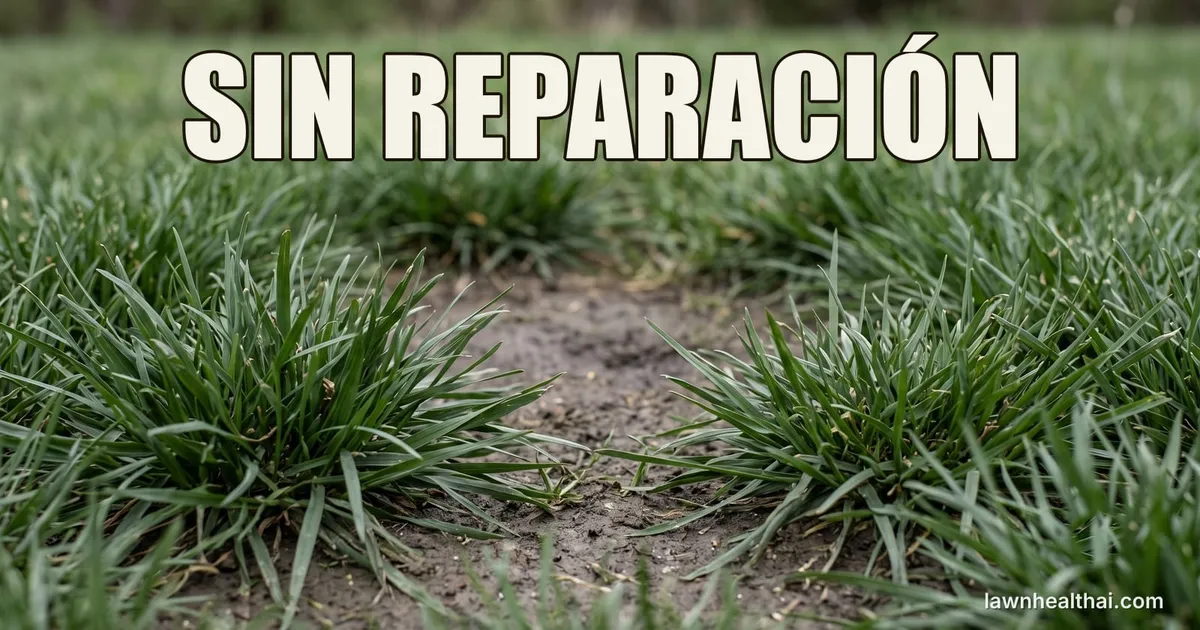 Matas bien diferenciadas de festuca alta fotografiadas a nivel de hoja, con un trozo abierto de suelo desnudo entre ellas en el que las plantas de alrededor no se han extendido, con las palabras “SIN REPARACIÓN” dispuestas en la parte superior del encuadre