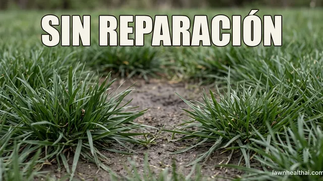 Matas bien diferenciadas de festuca alta fotografiadas a nivel de hoja, con un trozo abierto de suelo desnudo entre ellas en el que las plantas de alrededor no se han extendido, con las palabras “SIN REPARACIÓN” dispuestas en la parte superior del encuadre