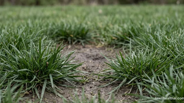 Distinct clumps of tall fescue photographed at blade level, with an open patch of bare soil between them that the surrounding plants have not spread into