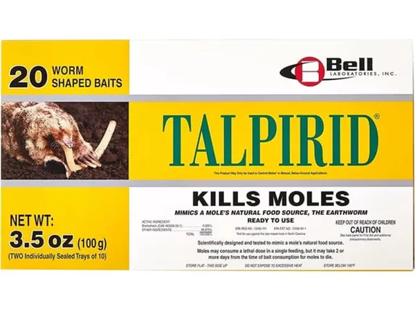 Bell Laboratories Talpirid Mole Bait Worms (20 unidades) — fotografía de producto del cebo con brometalina para topos sobre fondo liso