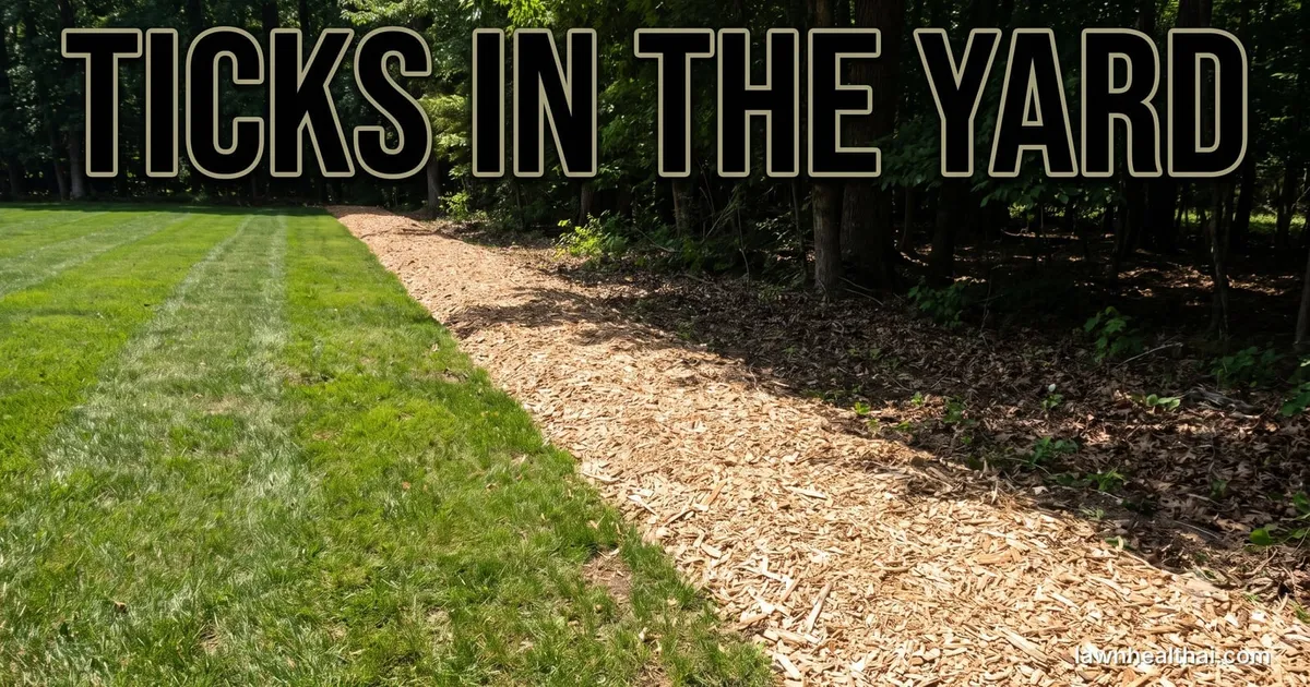 A wide strip of pale wood chips laid as a barrier between a mown green lawn and the leaf litter and trees of a wooded property edge, with the words “Ticks in the Yard” set across the top
